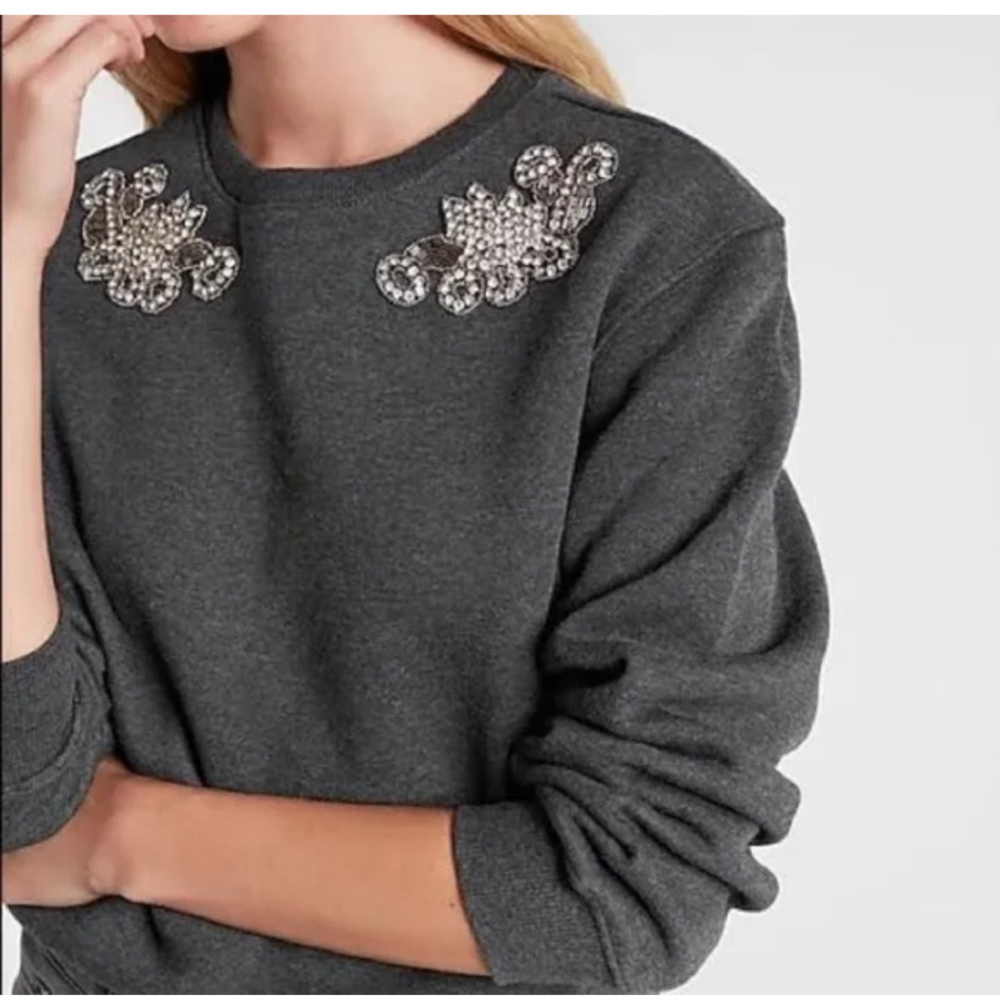 Express Dark Gray Embellished Crewneck Sweatshirt Rhinestone Beaded Size M
